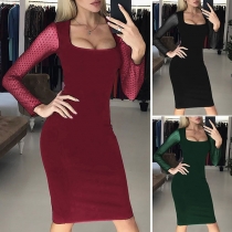 Sexy Gauze Spliced Long Sleeve Square Collar Slim Fit Dress