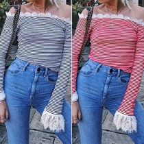 Sexy Off-shoulder Boat Neck Lace Spliced Long Sleeve Striped T-shirt