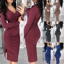 Sexy Deep V-neck Slit Hem Long Sleeve Slim Fit Dress