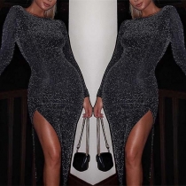 Sexy Slit Hem Long Sleeve Round Neck Slim Fit Party Dress