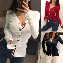 Fashion Striped Spliced Long Sleeve V-neck Slit Hem Knit Top 