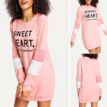 Fashion Letters Printed Long Sleeve Round Neck Contrast Color Dress