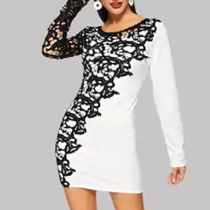 Fashion Lace Spliced Long Sleeve Round Neck Slim Fit Dress
