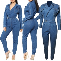 Mode Långärmad Hög Midja Naggad Krage Denim Overall