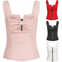 Sexy Solid Color Sling Sleeveless Front Zipper Slim Fit Vest