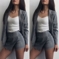 Fashion Contrast Color Lapel Collar Plaid Shirt + Slim Fit Shorts Two-piece Set