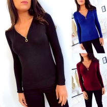 Fashion Solid Color Long Sleeve Zipper V-neck Slim Fit T-shirt