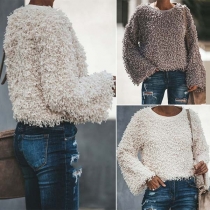 Fashion Solid Color Round Neck Long Sleeve Faux Fur Sweatshirt