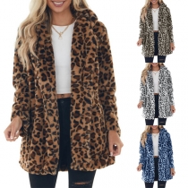 Mode rund hals och öppen front långärmad lång leopardrock