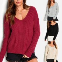 Fashion Solid Color Long Sleeve V-neck High-low Hem Sweater