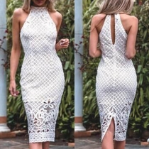 Sexy High Neck Floral Embroidered Back Slit Hem Sleeveless Lace Dress 