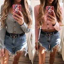 Fashion Solid Color Round Neck Button Front Long Sleeve Ribbed Top