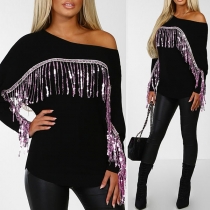 Fashion Long Sleeve Round Neck Sequin Tassel T-shirt