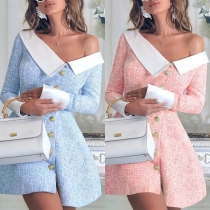 Fashion Contrast Color Standard Collar One Shoulder Button Front Long Sleeve Dress