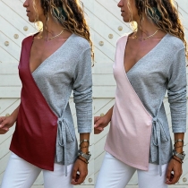 Fashion Contrast Color Long Sleeve V-neck Lace-up  Top