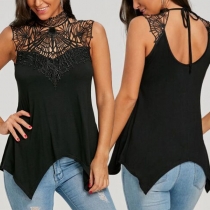 Sexy Hollow Out Lace Spliced Sleeveless Irregular Hem Top