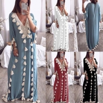 Bohemian Style Long Sleeve V-neck Tassel Spliced Maxi Dress
