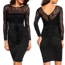 Sexy Solid Color Long Sleeve Gauze Spliced Zipper Slim Fit Dress