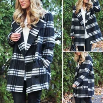 Fashion Contrast Color Lapel Collar Long Sleeve Plaid Coat