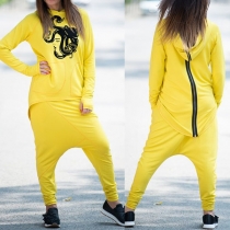 Hip-hop Style Back-zipper High-low Hem Hoodie + Pants Two-piece Set