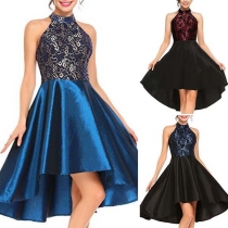 Fashion Contrast Color Halter Sleeveless Off-shoulder Slim Fit Pleated Hemline Dress