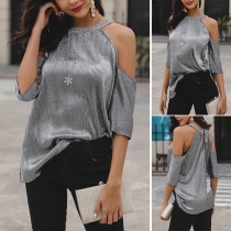 Sexy Off-shoulder Half Sleeve Solid Color Halter T-shirt