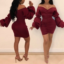 Fashion Solid Color Deep V-neck Long Sleeve Slim Fit Over-hip Short Dress