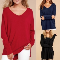 Fashion Deep V-neck Long Sleeve Solid Color Over-hip Dress