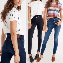 Fashion Solid Color Side Pockets Buttons Slim Fit Jeans