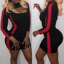 Fashion Round Neck Long Sleeve Side Stripe Slim-fit Dress