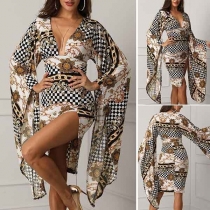 Sexy Deep V-neck SSlit Hem Trumpet Sleeve Printed Dress