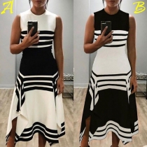 Fashion Contrast Color Sleeveless Round Neck Irregular Hem Dress
