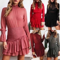 Fashion High Neck Elastic Spliced Ruffled Hem Slim Fit Clip Dot Dress