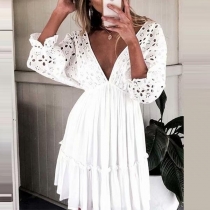 Sexy Deep V-neck Elastic Waist Hollow Out Lace Spliced Dress