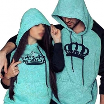 Mode kontrastfärg kronmönstrad långärmad hoodie för par