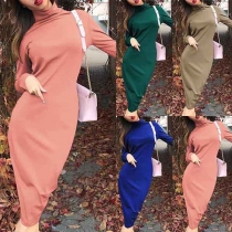 Simple Style Long Sleeve Mock Neck Solid Color Slim Fit Dress