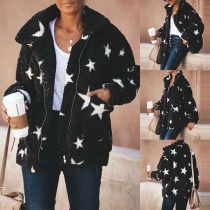 Fashion Star Printed Long Sleeve POLO Collar Plush Coat