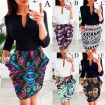 Fashion 3/4 Sleeve V-neck Printed Spliced Slim Fit Dress