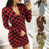 Sexy V-neck Long Sleeve Slim Fit Plaid Dress