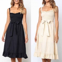 Sexy Backless Ruffle Hem High Waist Solid Color Sling Dress