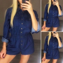 Fashion Long Sleeve POLO Collar Denim Romper