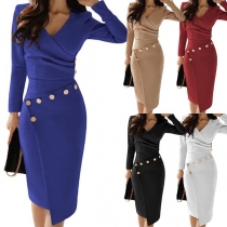 Sexy V-neck Irregular Hem Long Sleeve Slim Fit Dress