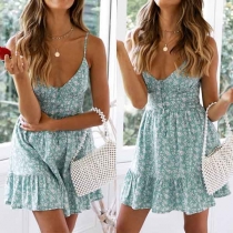 Sexy Backless V-neck Ruffle Hem Printed Sling Dress