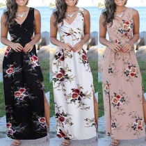 Sexy Backless V-neck Slit Hem Sleeveless Printed Maxi Dress