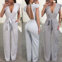 Sexig djup V-ringad rygglös ärmlös randig jumpsuit med hög midja