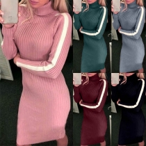 Fashion Contrast Color Long Sleeve Turtleneck Slim Fit Knit Dress