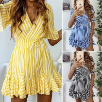 Sexy Deep V-neck Short Sleeve Ruffle Hem Striped Dress