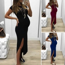 Sexy Slit Hem Short Sleeve Round Neck Solid Color Maternity Dress