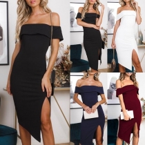 Sexy Off-shoulder Boat Neck Irregular Slit Hem Slim Fit Dress