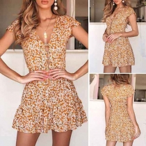 Sexy Deep V-neck Short Sleeve Printed Dress